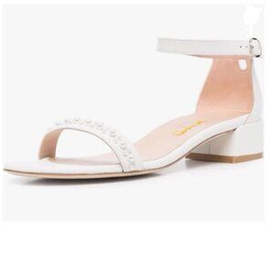 XYD White Pearls Open Toe Strappy Low Block Heel Sandal Ankle Strap with Buckle